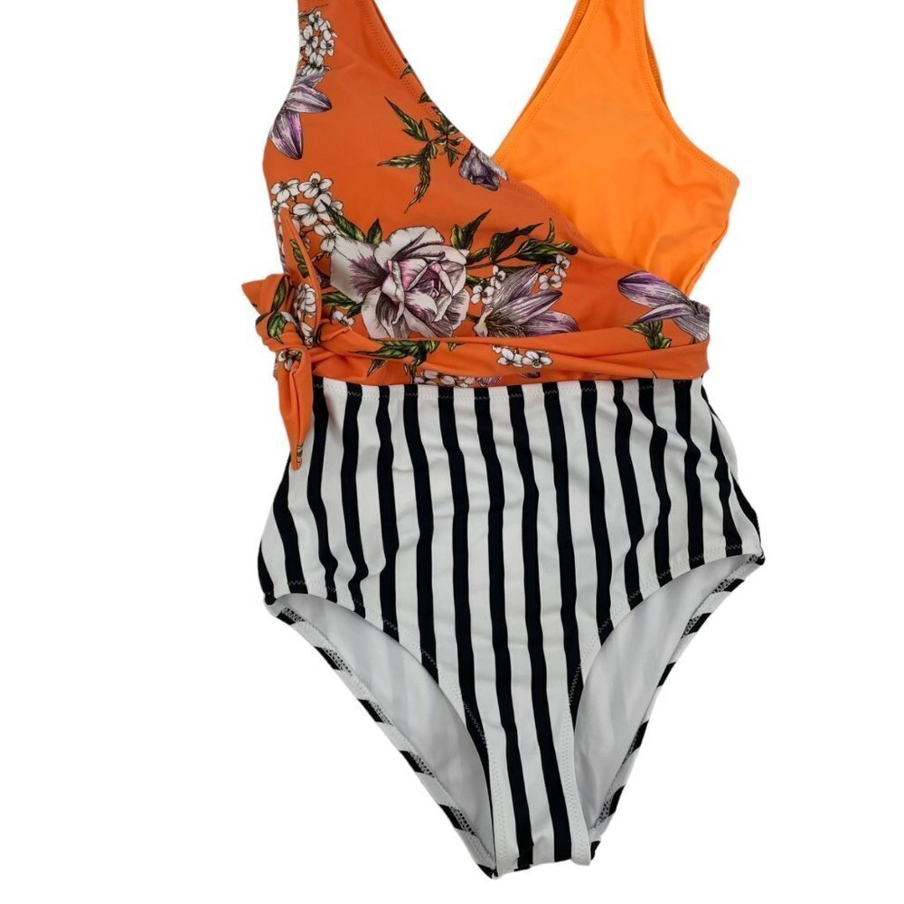 Cupshe Orange Floral Striped Mixed Print Belted One Piece Swimsuit Womens XS - Picture 11 of 11